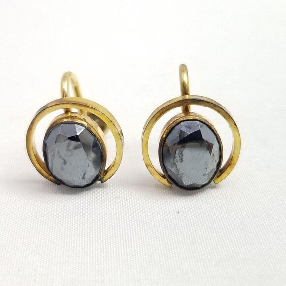 Vintage Yellow Gold Filled Oval Dark Gray Rhinestone Clip On Screw Back Earrings - Picture 1 of 11